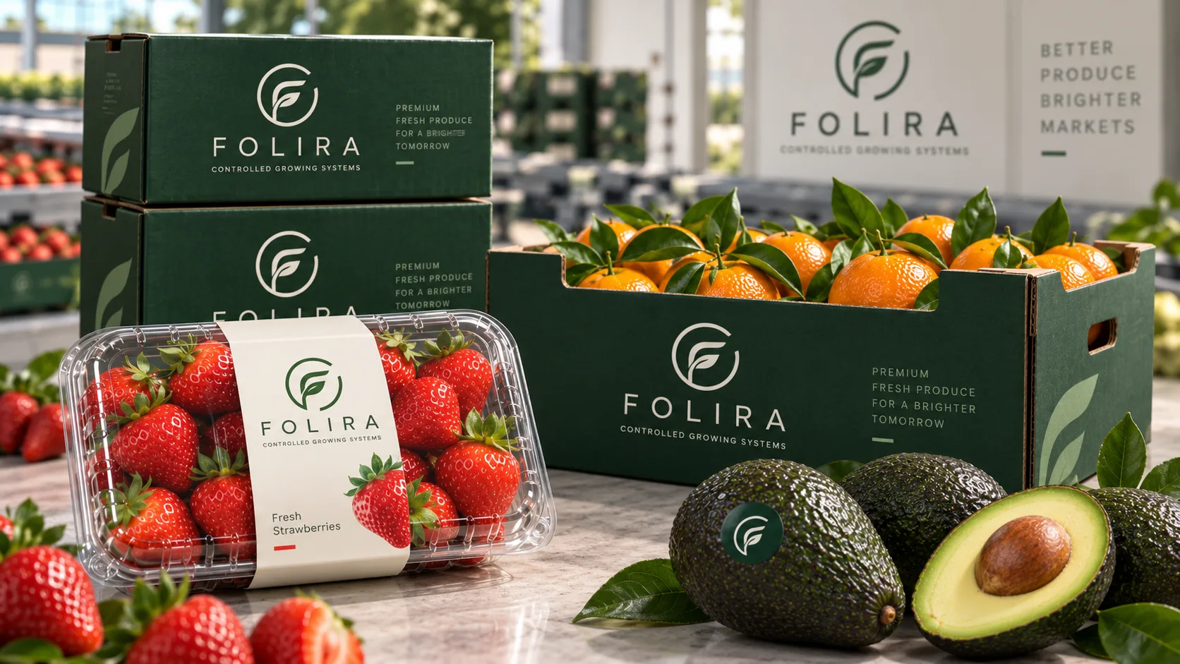 FOLIRA ambalajı — çilek, narenciye kasası ve avokado