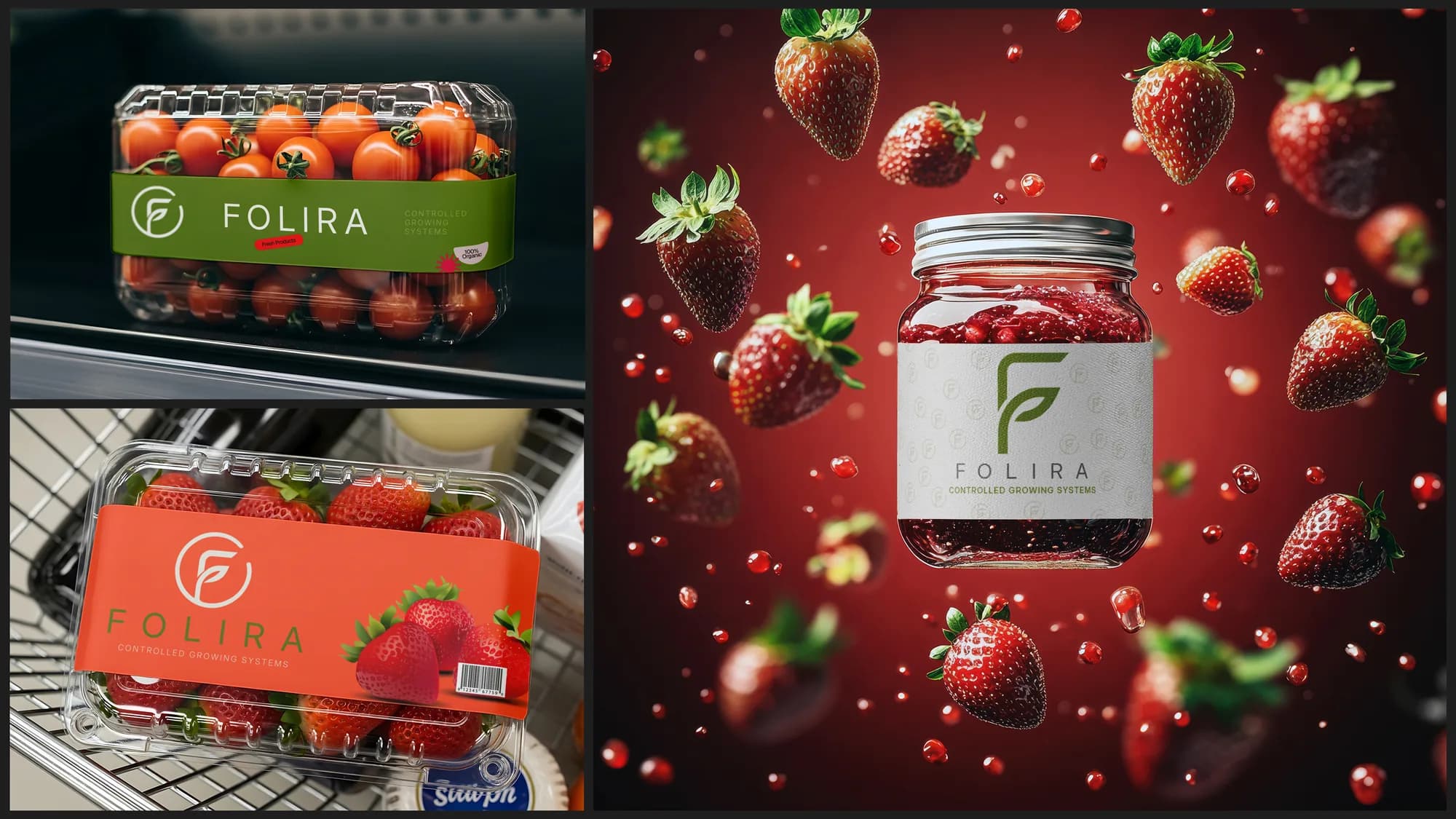 FOLIRA ambalaj mockup — çilek ve taze ürünler